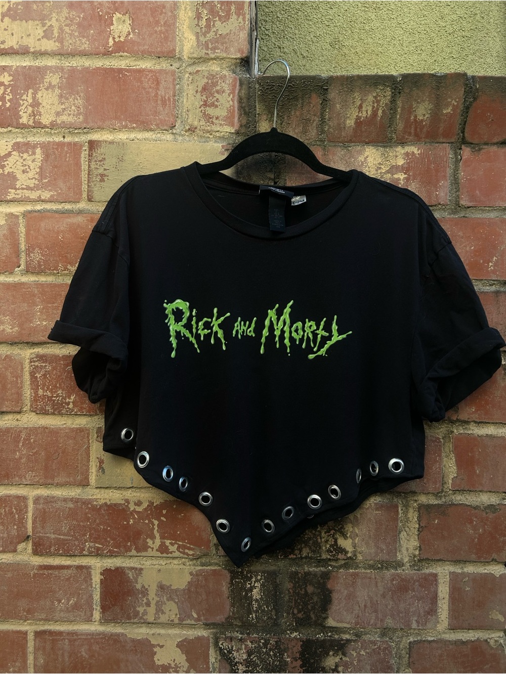 Ricky and Morty Upcycled Black Graphic Crop Top with Grommet Hem